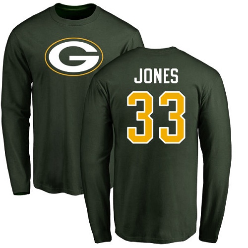 Men Green Bay Packers Green #33 Jones Aaron Name And Number Logo Nike NFL Long Sleeve T Shirt